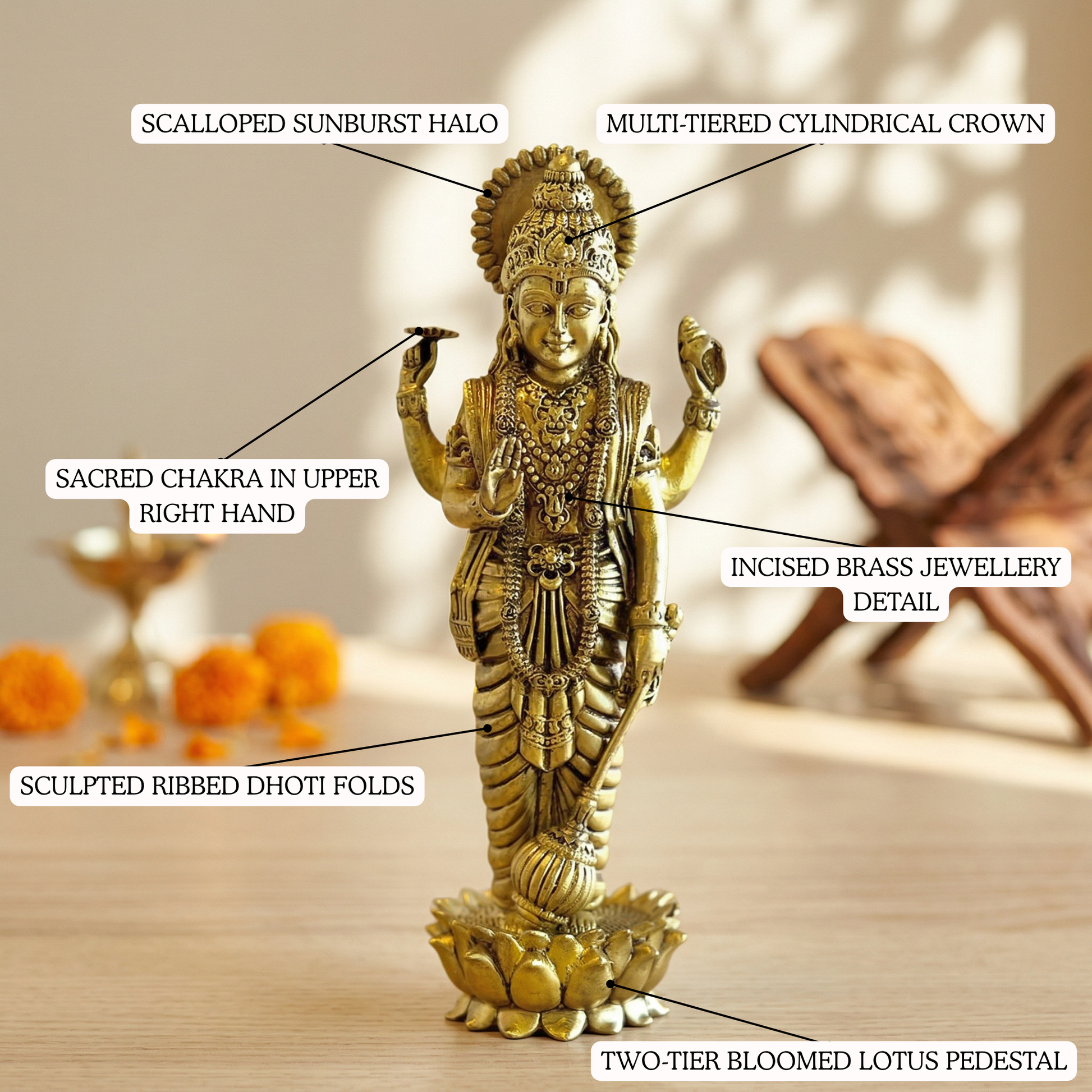 Brass Vishnu idol crown and halo detailing close-up | Mapland