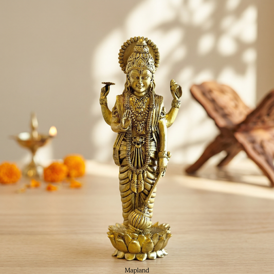 Superfine Pure Brass Standing Vishnu Idol - Chaturbhuj with Lotus Base