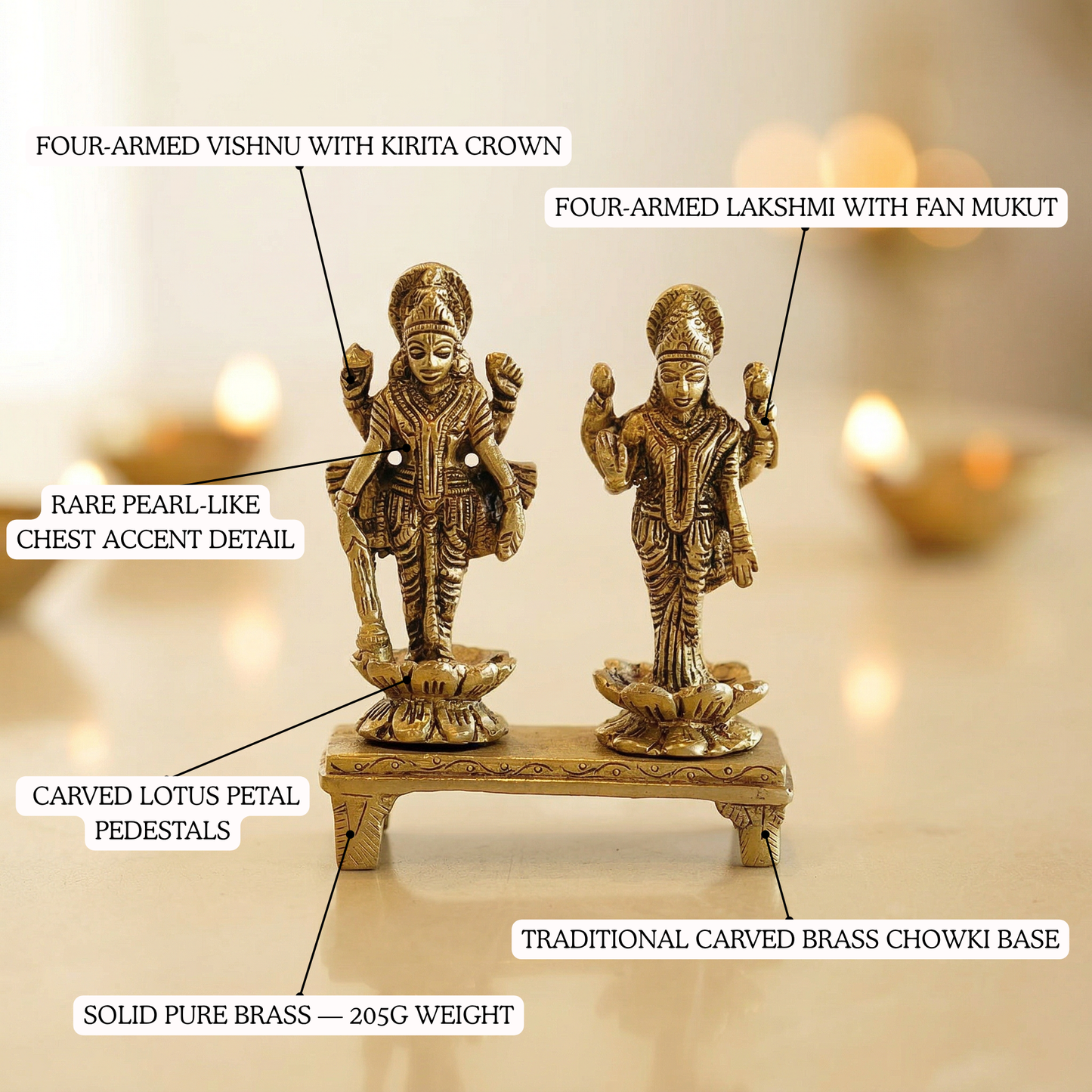 Brass Vishnu Lakshmi idol crown and jewellery detailing | Mapland