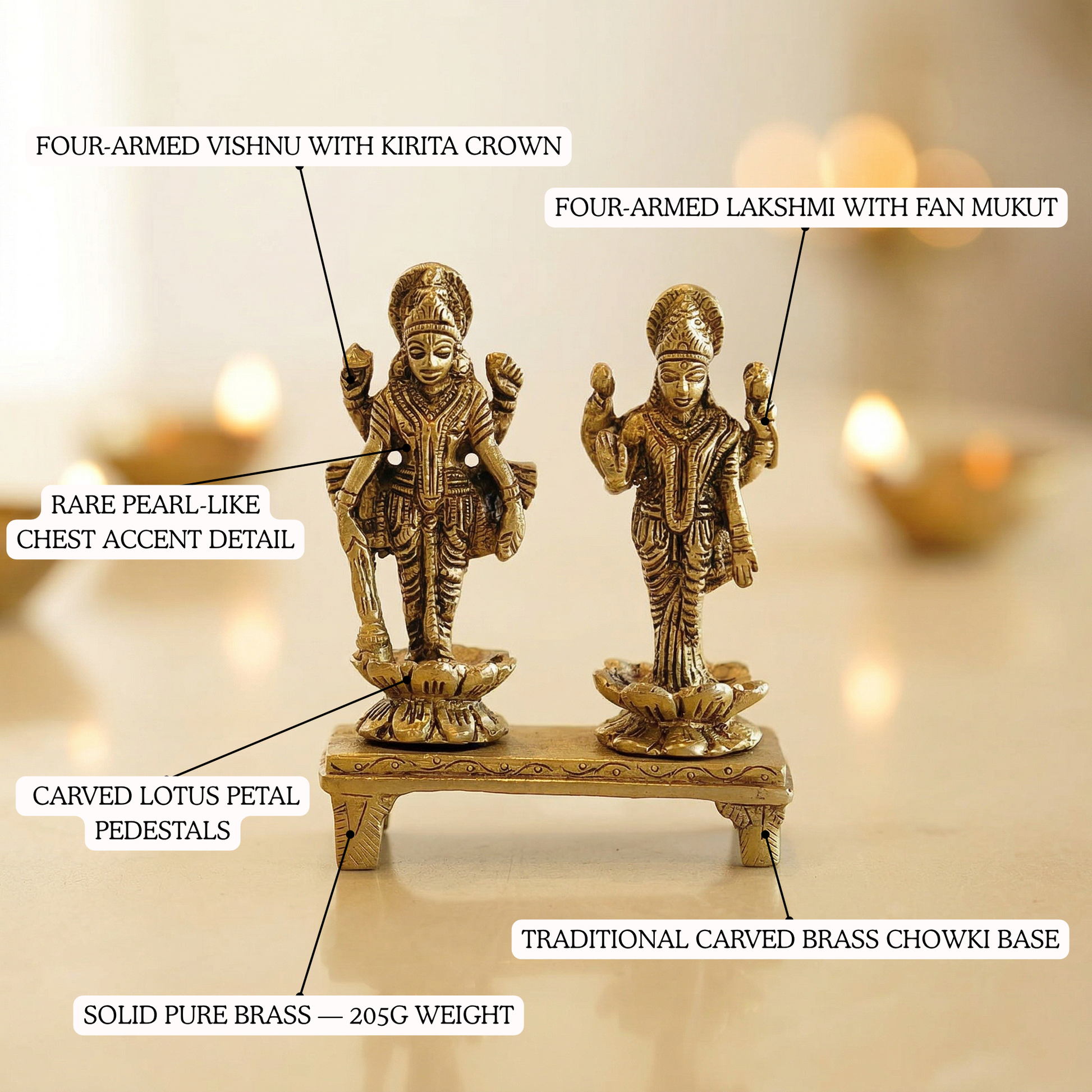 Brass Vishnu Lakshmi idol crown and jewellery detailing | Mapland