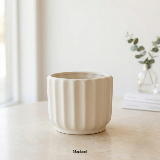 White Ribbed Ceramic Planter handmade ceramic planter, Indian artisan craft | Mapland