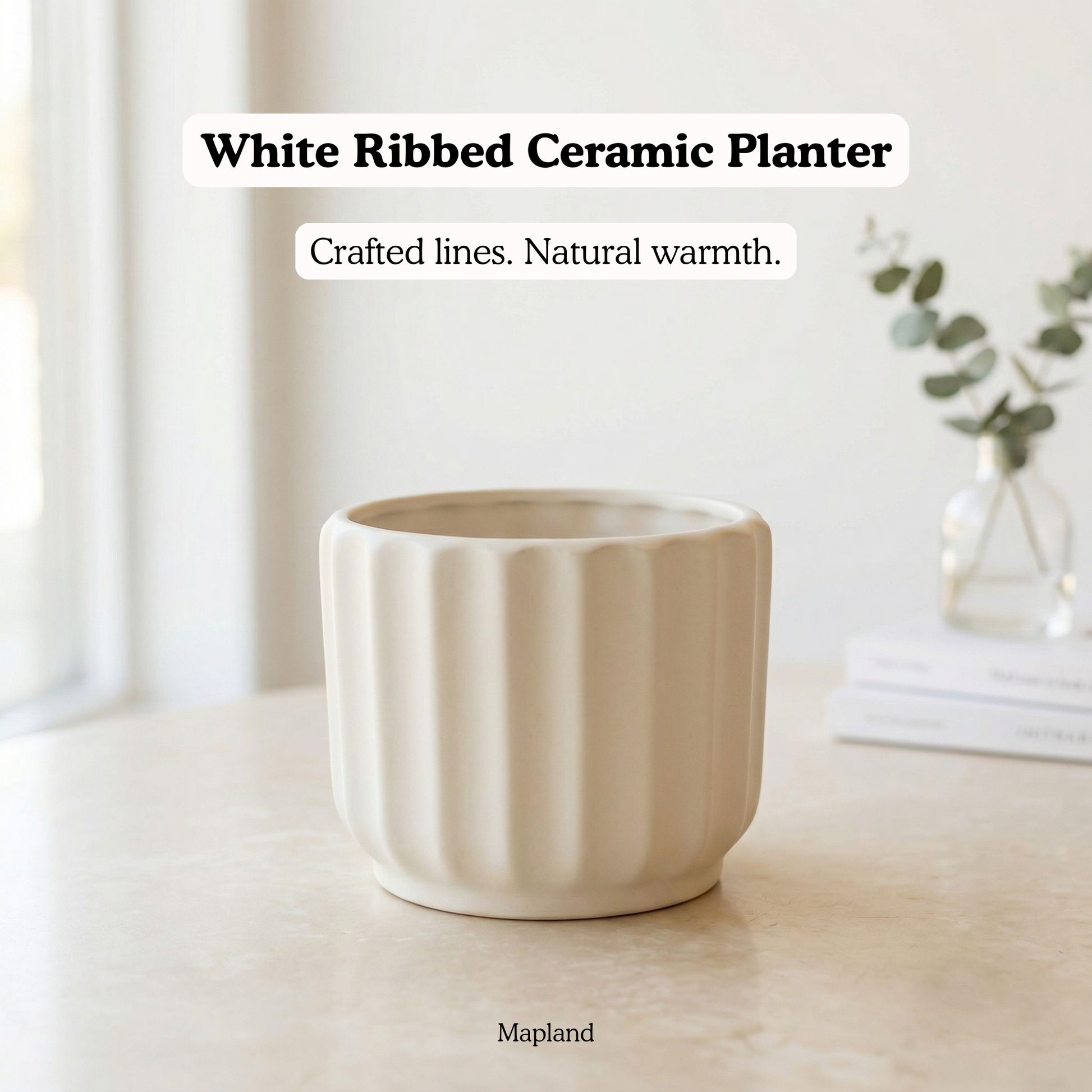 White Ribbed Ceramic Planter handmade ceramic planter — side view, Indian artisan craft | Mapland