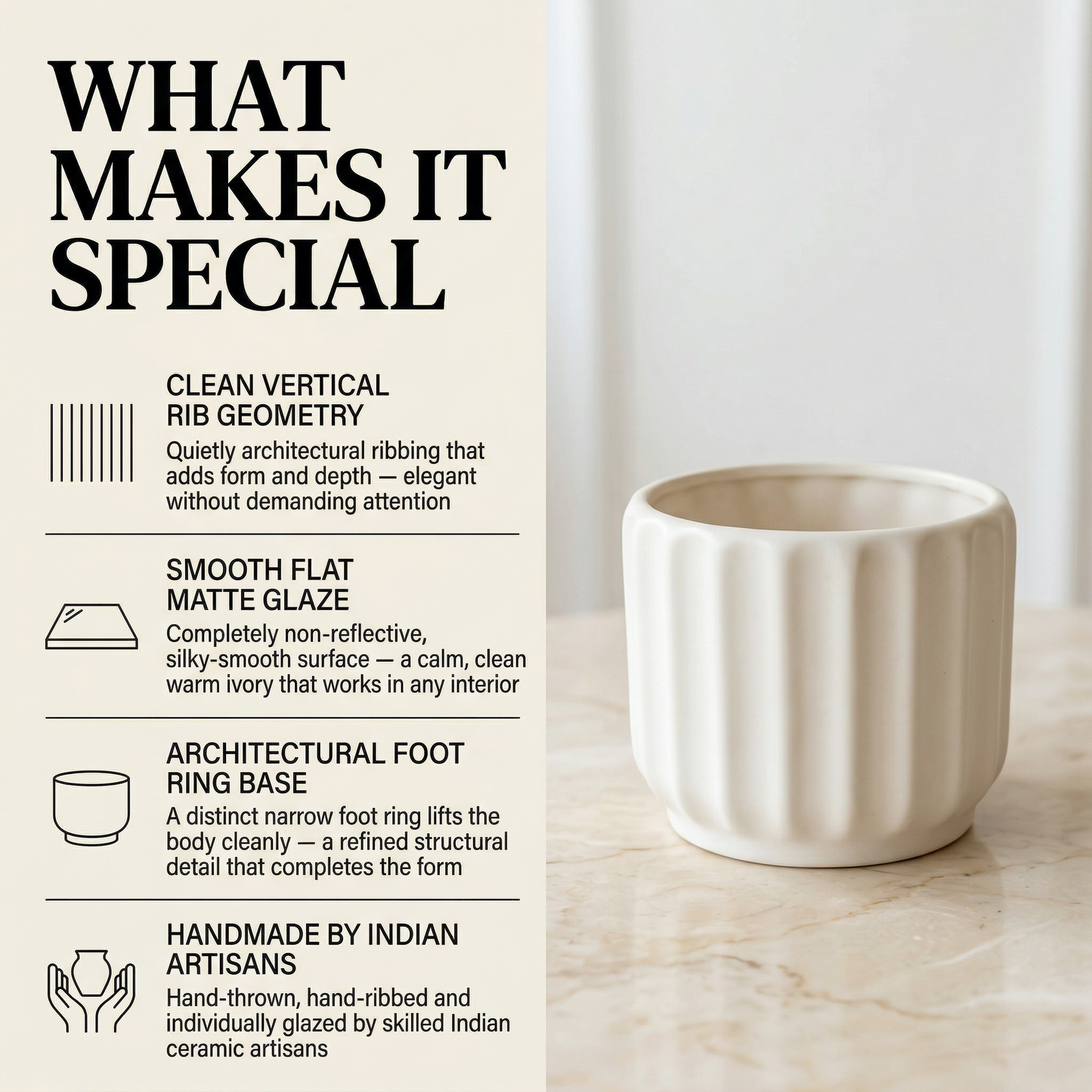 White Ribbed Ceramic Planter handmade ceramic planter — lifestyle view, Indian artisan craft | Mapland