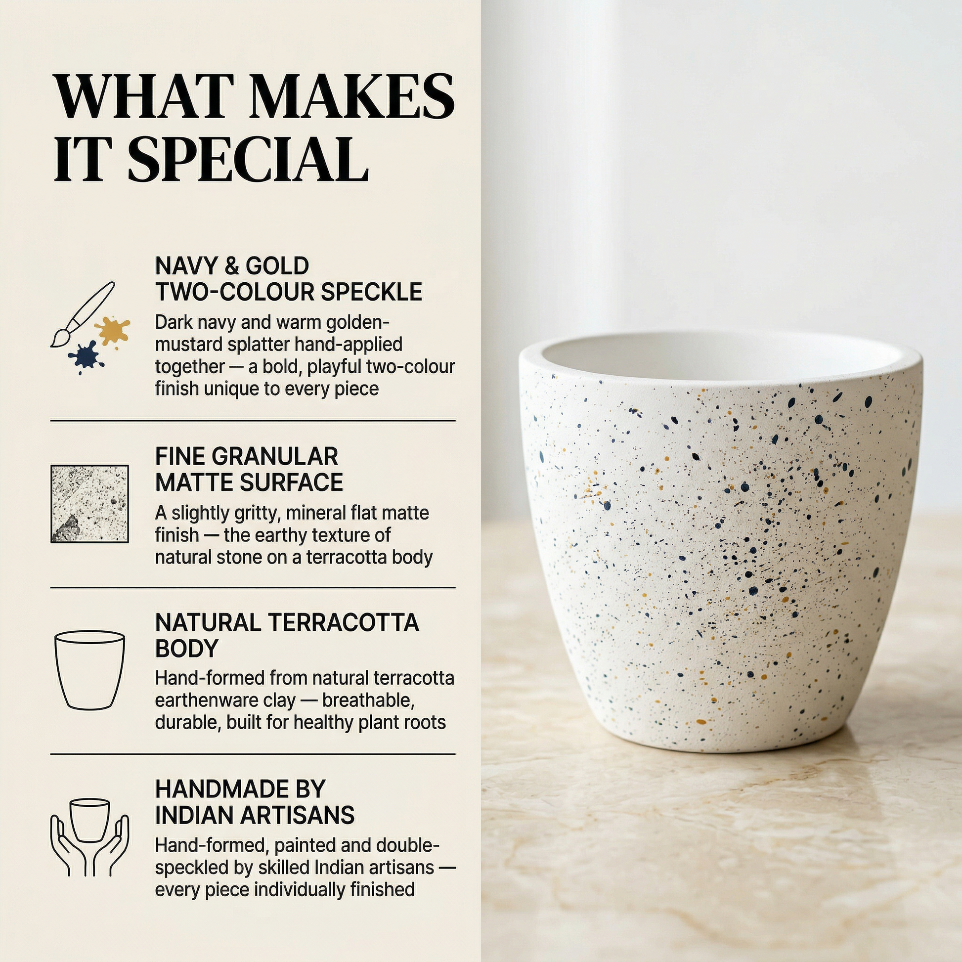 White Speckle Terracotta Planter handmade ceramic planter — lifestyle view, Indian artisan craft | Mapland