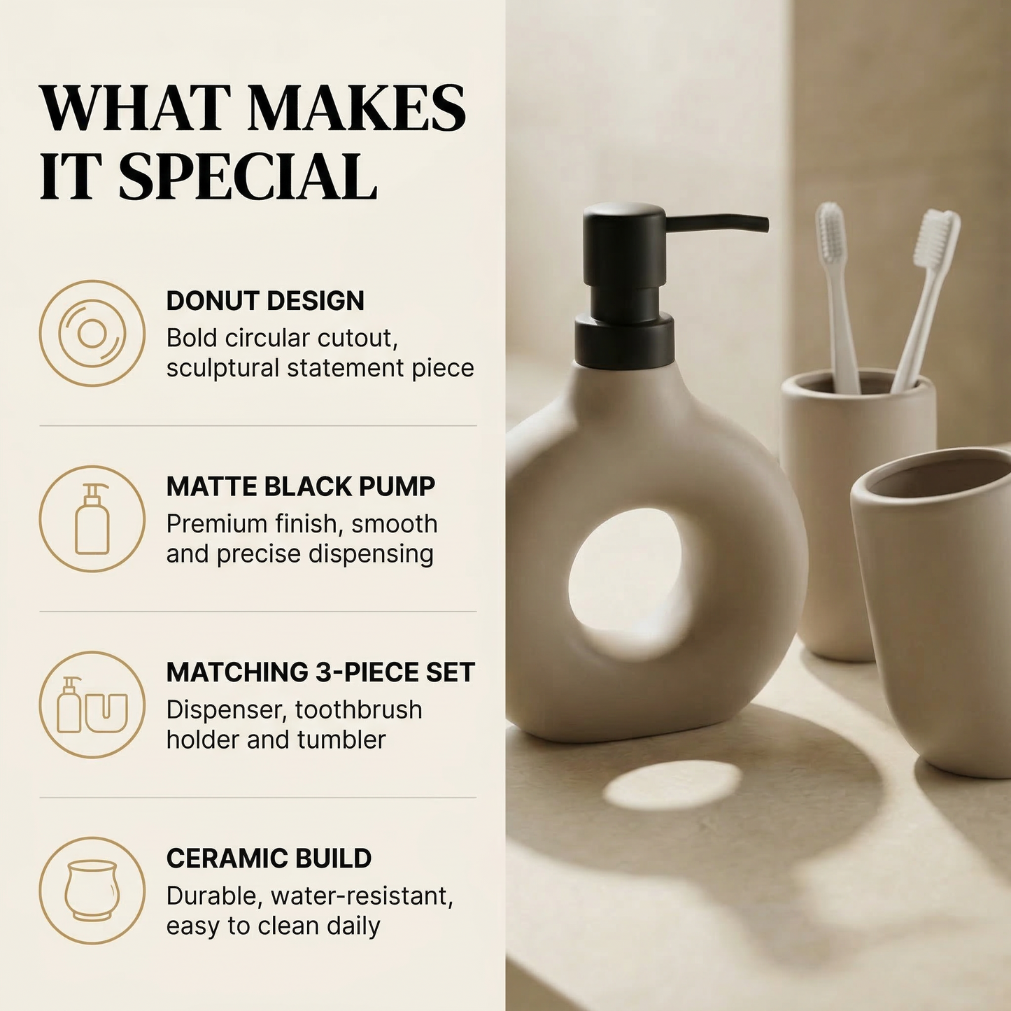 Dune Beige Ceramic Bathroom Set of 3 — lifestyle view — handmade artisan home decor | Mapland