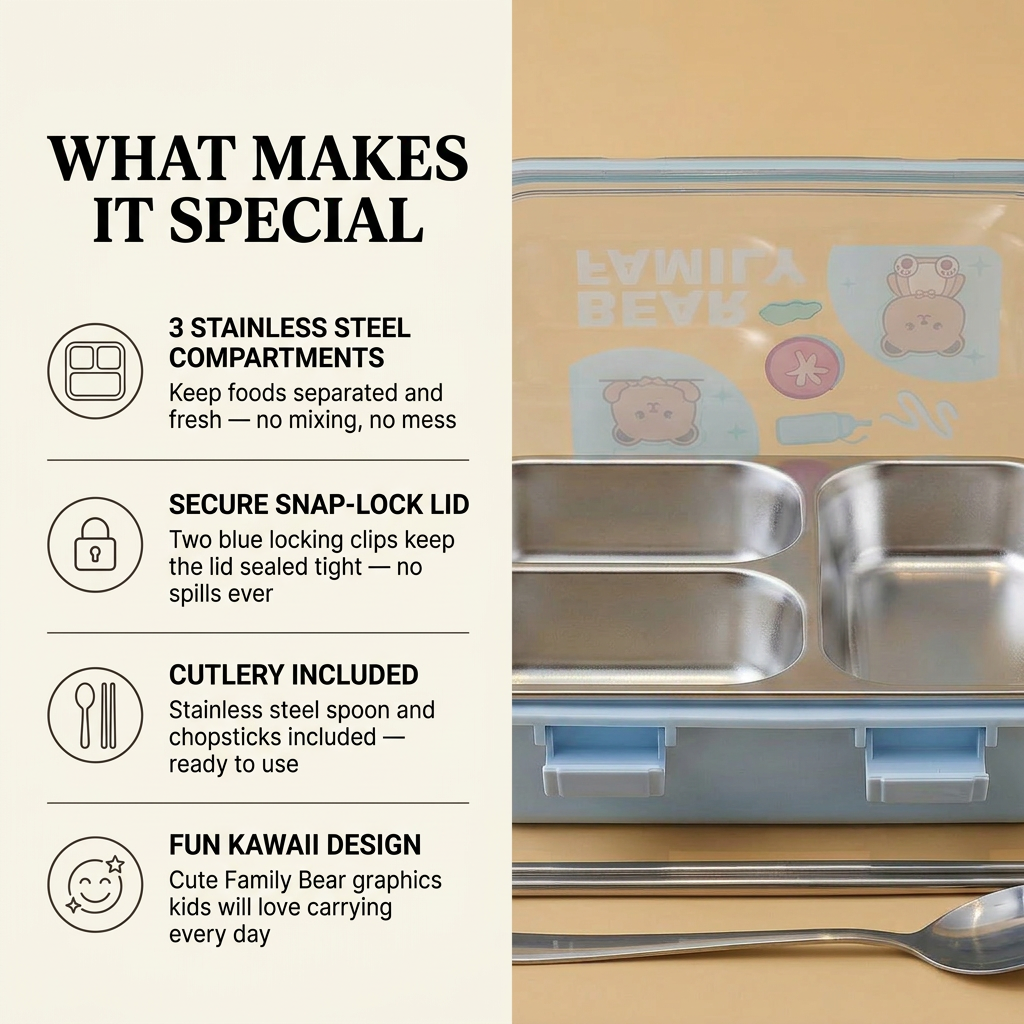 CubbyBox 3-Compartment Bento Lunch Box with Cutlery — detail view — handmade artisan home decor | Mapland