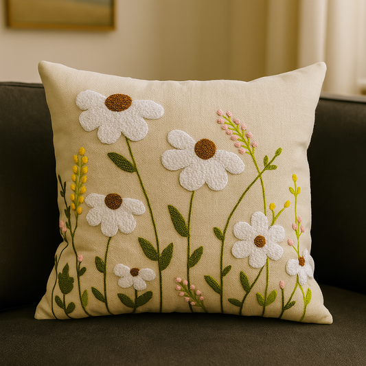 Daisy Meadow Embroidered Cushion