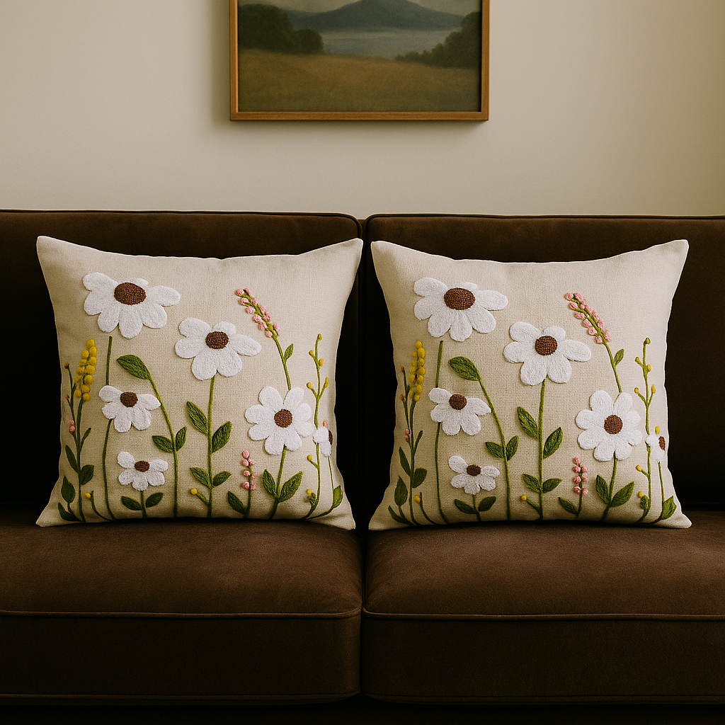 Daisy Meadow Embroidered Cushion