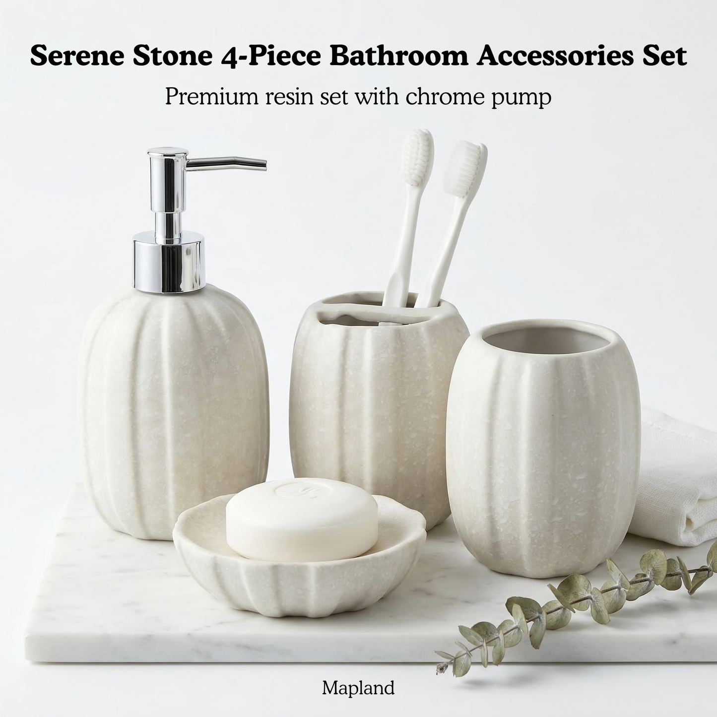 Serene Stone 4-Piece Bathroom Accessories Set | Soap Dispenser, Toothbrush Holder, Tumbler & Soap Dish — side view — handmade artisan home decor | Mapland