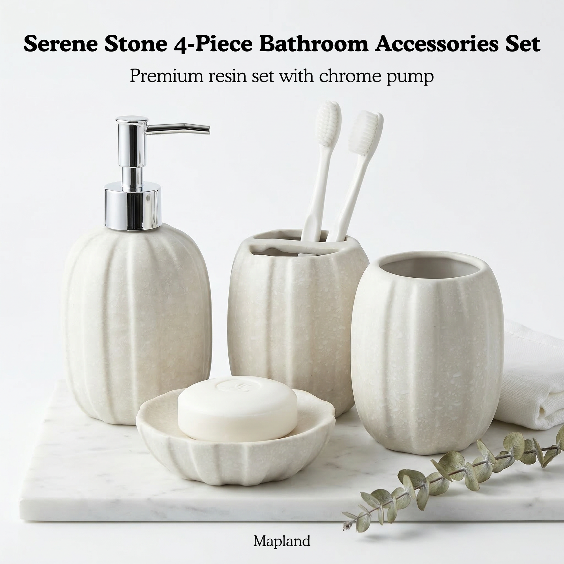 Serene Stone 4-Piece Bathroom Accessories Set | Soap Dispenser, Toothbrush Holder, Tumbler & Soap Dish — side view — handmade artisan home decor | Mapland