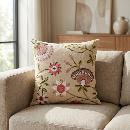 Beige Bloom Haven Cushion Cover 16*16 Inches - Mapland