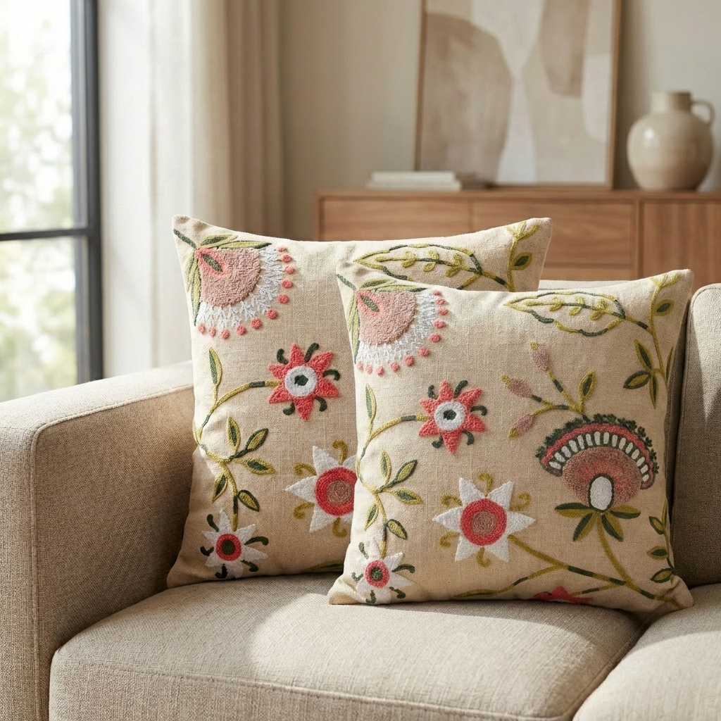 Beige Bloom Haven Cushion Cover 16*16 Inches - Mapland