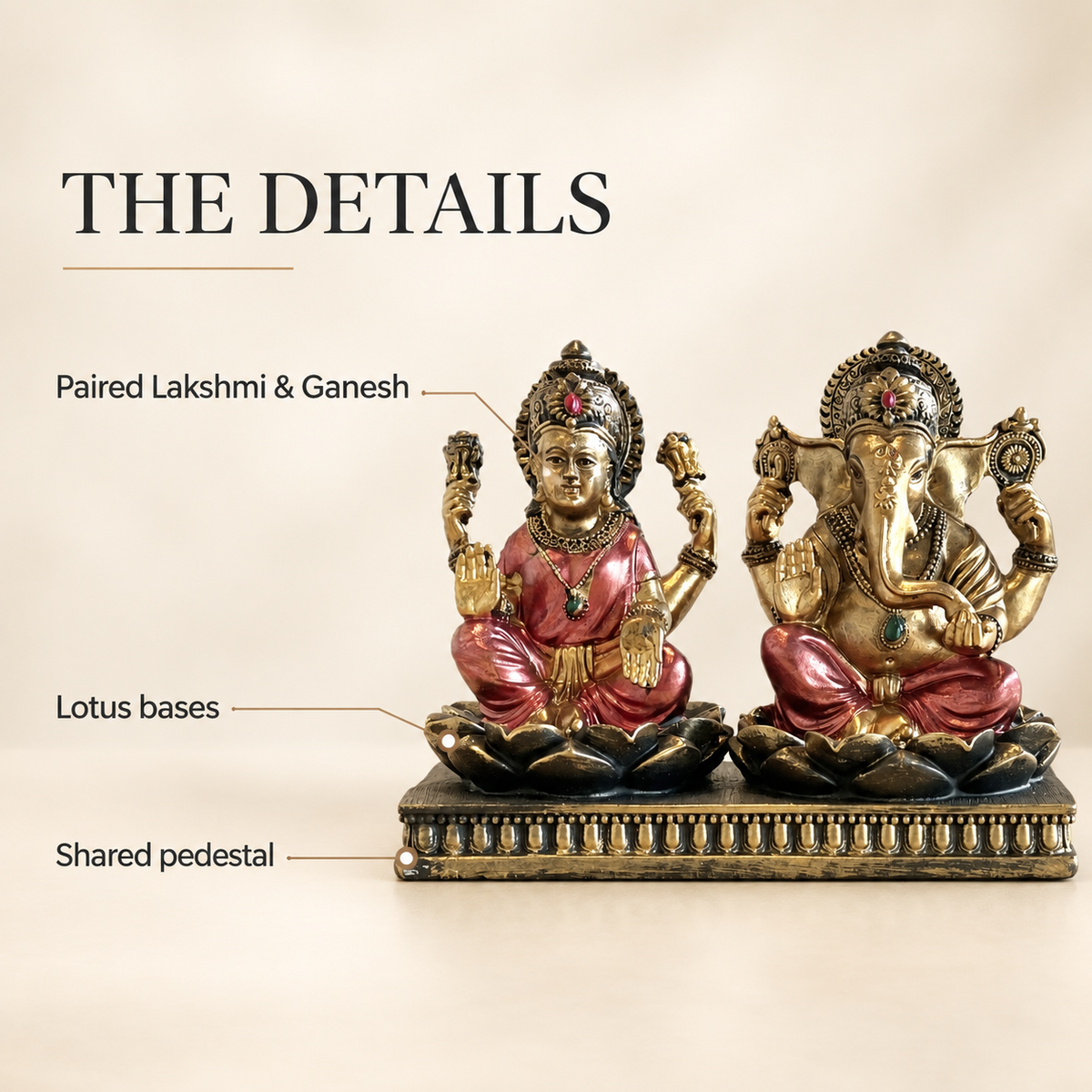 Lakshmi Ganesh sandstone idol with paired figures, lotus forms and a shared pedestal