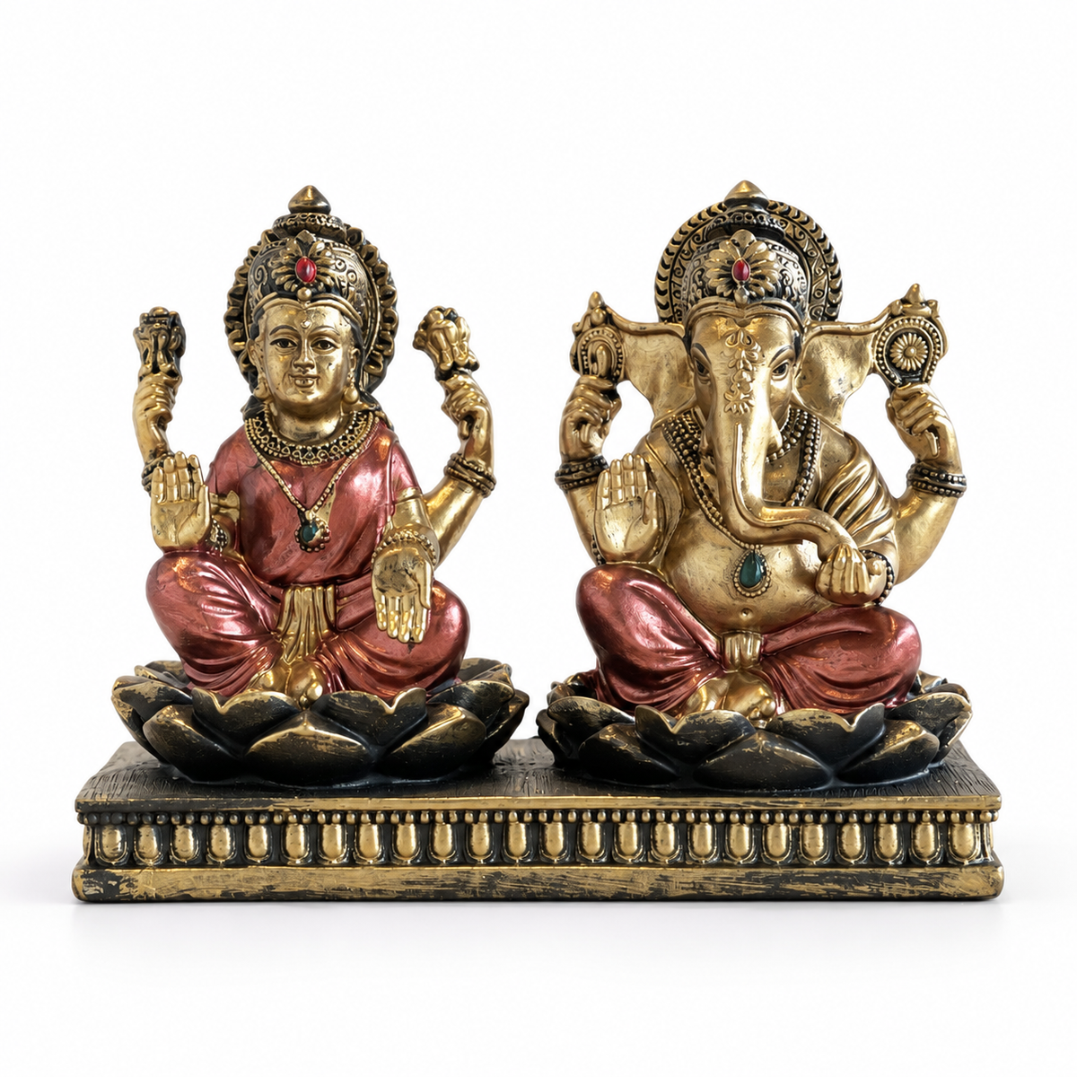 Lakshmi Ganesh sandstone idol front view on a shared pedestal