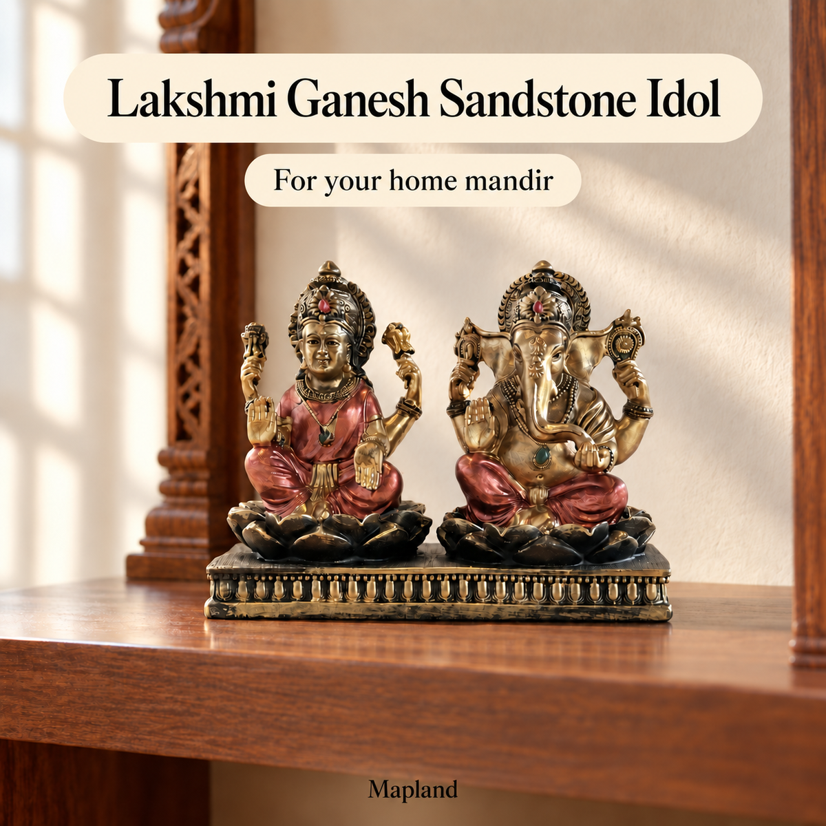 Lakshmi Ganesh sandstone idol styled on a home mandir shelf