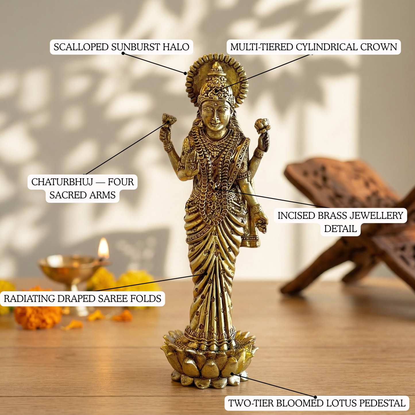 Brass Lakshmi idol crown and saree detailing close-up | Mapland
